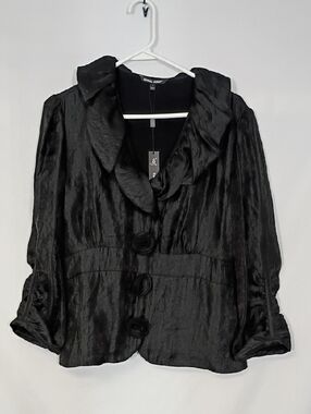 NWT Samuel Dong Black Textured Jacket with Gathered Collar Size Large 21702